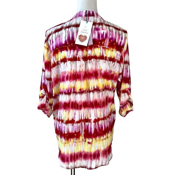 Regnax Blouse Stripe Tie Dye Pink Red Roll Tab Sleeves size Small - Picture 5 of 7